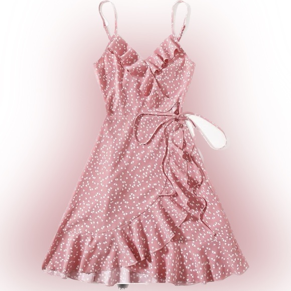 SHEIN VCAY Allover Heart Print Ruffle Detail Wrap Cami Dress - Picture 1 of 9